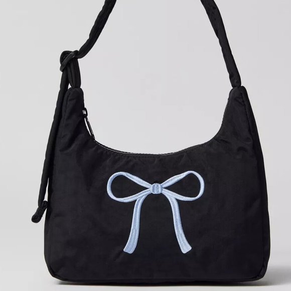 NWT Baggu Mini Nylon Shoulder Bag - Black Embroidered Bow - Picture 4 of 7